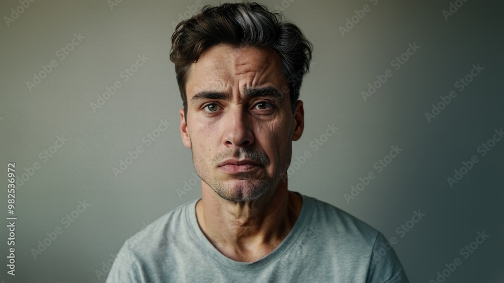 Portrait of young man worried about aging, fear of getting older, visual representation of youth confronting old age, emotional portrait, website header with copy space for lifestyle topics. Generativ Portrait of young man worried about aging, fear of getting older, visual representation of youth confronting old age, emotional portrait, website header with copy space for lifestyle topics. Generativ