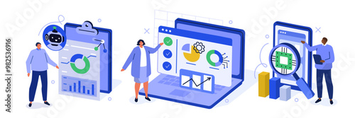 AI technology concept set. Collection of characters use artificial intelligence algorithms for collecting smart data, analysis, automation. Vector illustration.