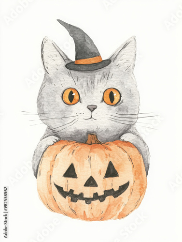 Minimalist pastel Halloween Cat wearing Jack-O-Lantern on a minimal white background