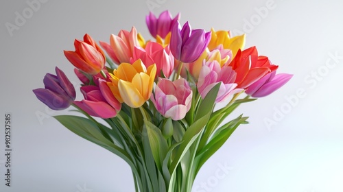 Vibrant 3D Tulip Bouquet on White Background - Floral Arrangement with Colorful Tulips Displayed at 45 Degrees