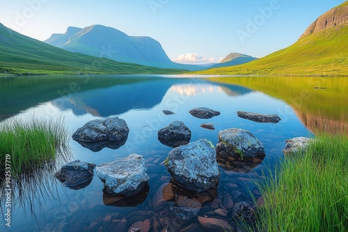 A serene lake landscape. The sunrise over Nesamovyte lake, one of the highest mountain lakes in Ukraine, is framed by calm water. photo