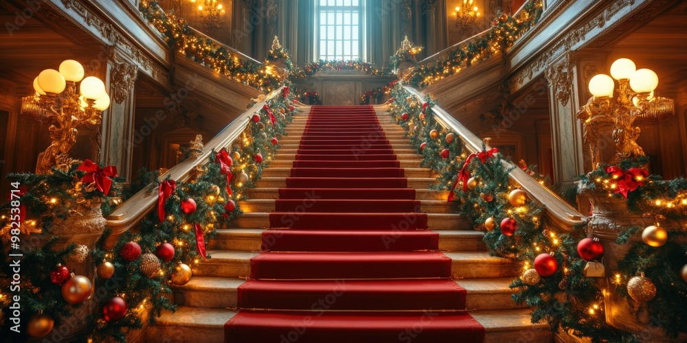 Fototapeta premium Opulent Grand Christmas Staircase with Elegant Holiday Decorations