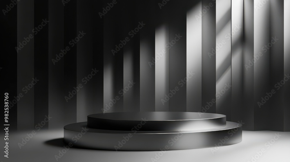 Fototapeta premium Metallic Podium on Stage Surrounded by Geometric Shapes for Events or Presentations