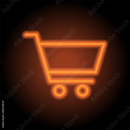 Shopping cart simple icon vector. Flat design. Orange neon on black background