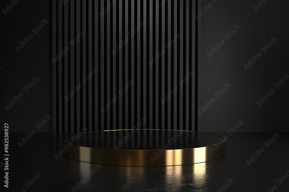A sleek, minimal black scene with golden vertical lines frames a cylindrical gold and black podium. The 3D stage is ideal for showcasing cosmetic products or luxury items in an elegant setting A sleek, minimal black scene with golden vertical lines frames a cylindrical gold and black podium. The 3D stage is ideal for showcasing cosmetic products or luxury items in an elegant setting