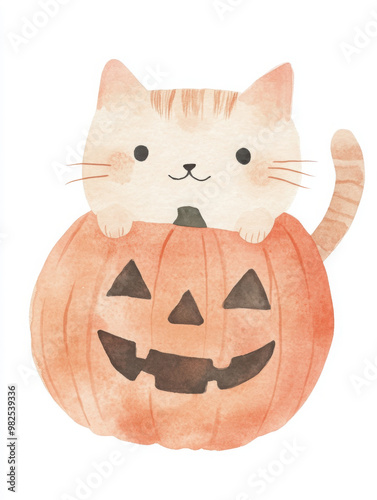 Minimalist pastel Halloween Cat wearing Jack-O-Lantern on a minimal white background