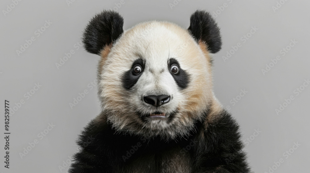 Obraz premium A surprised panda with wide, expressive eyes stands out against a minimalist backdrop, exuding a mix of cuteness and humor.