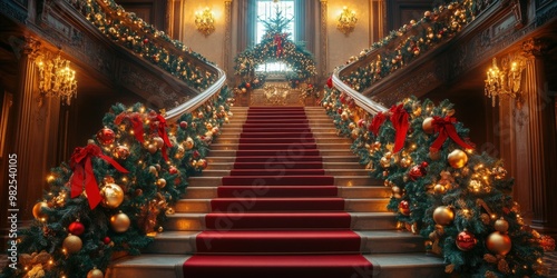 Opulent Grand Christmas Staircase with Elegant Holiday Decorations