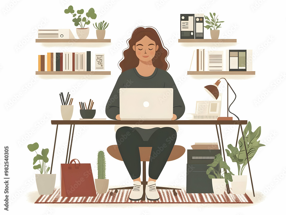 Fototapeta premium Flat Candid Home Office Work Concept: Freelancer Managing Savings and Profits in a Cozy, Natural Setting with Laptop, Personal Touches, and Warm Lighting