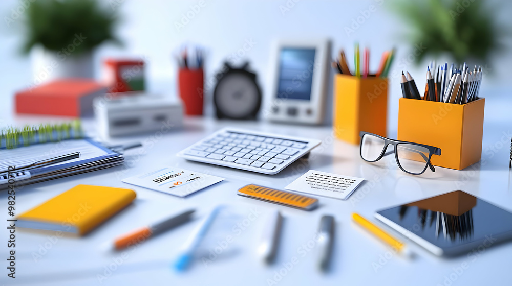 3D Glossy Office Desk with Business Tools and Digital Coupons on Isolated White Background for Professional Marketing Campaigns 3D Glossy Office Desk with Business Tools and Digital Coupons on Isolated White Background for Professional Marketing Campaigns