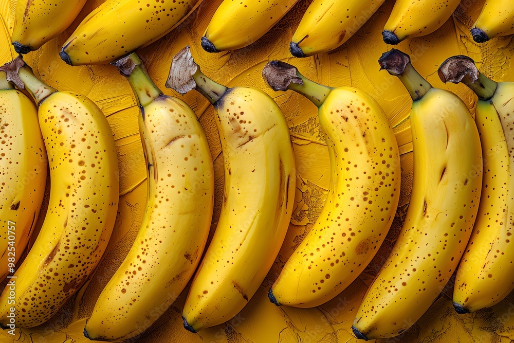 Fresh Ripe Bananas with Natural Spots on Yellow Background for Vibrant Food Photography, Culinary Designs, and Healthy Eating Concepts Fresh Ripe Bananas with Natural Spots on Yellow Background for Vibrant Food Photography, Culinary Designs, and Healthy Eating Concepts