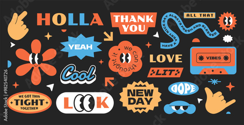 Funny vintage collection stickers. Gen z and millenials word quotes slang. Abstract character art design. Badges and patch retro. Y2k vibrant style. Vector set isolated background.