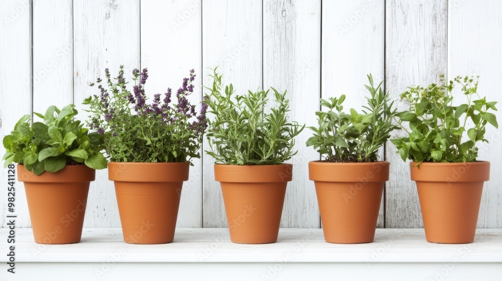 Fresh Herbs in Terracotta Pots on Wooden Shelf Fresh Herbs in Terracotta Pots on Wooden Shelf