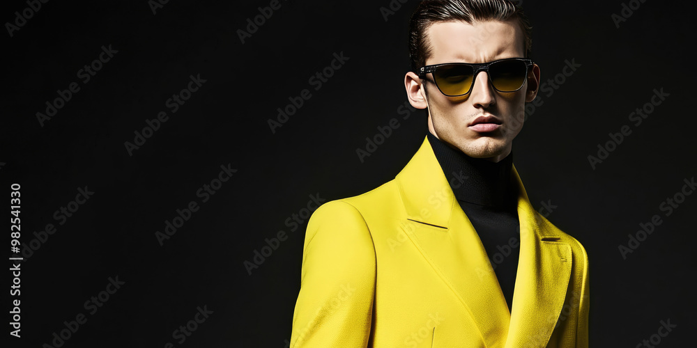 Man wearing high-end fashion, glasses with modern frames, black background, copy space, magazine banner template, futuristic Man wearing high-end fashion, glasses with modern frames, black background, copy space, magazine banner template, futuristic