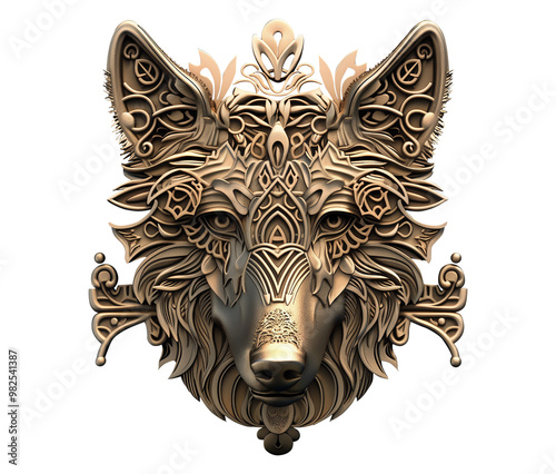 Wolf head, in golden medallion, photo