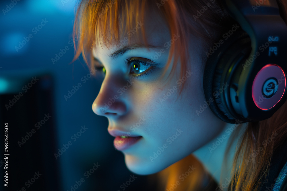 Young woman with red hair looking at a computer screen, wearing headphones