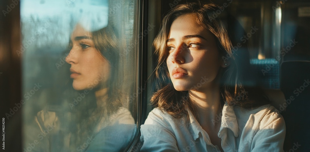 woman portrait looking out train window woman portrait looking out train window