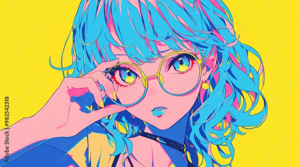 Fototapeta premium Anime girl with blue hair and yellow glasses. generative ai illustration.