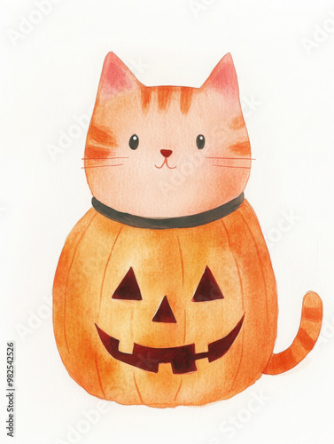 Minimalist pastel Halloween Cat wearing Jack-O-Lantern on a minimal white background
