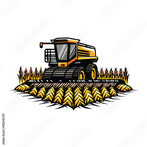 Vector illustration of a large yellow combine harvester cutting a field of wheat.