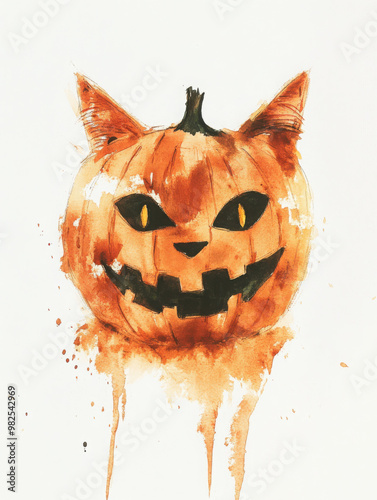 Minimalist pastel Halloween Cat wearing Jack-O-Lantern on a minimal white background