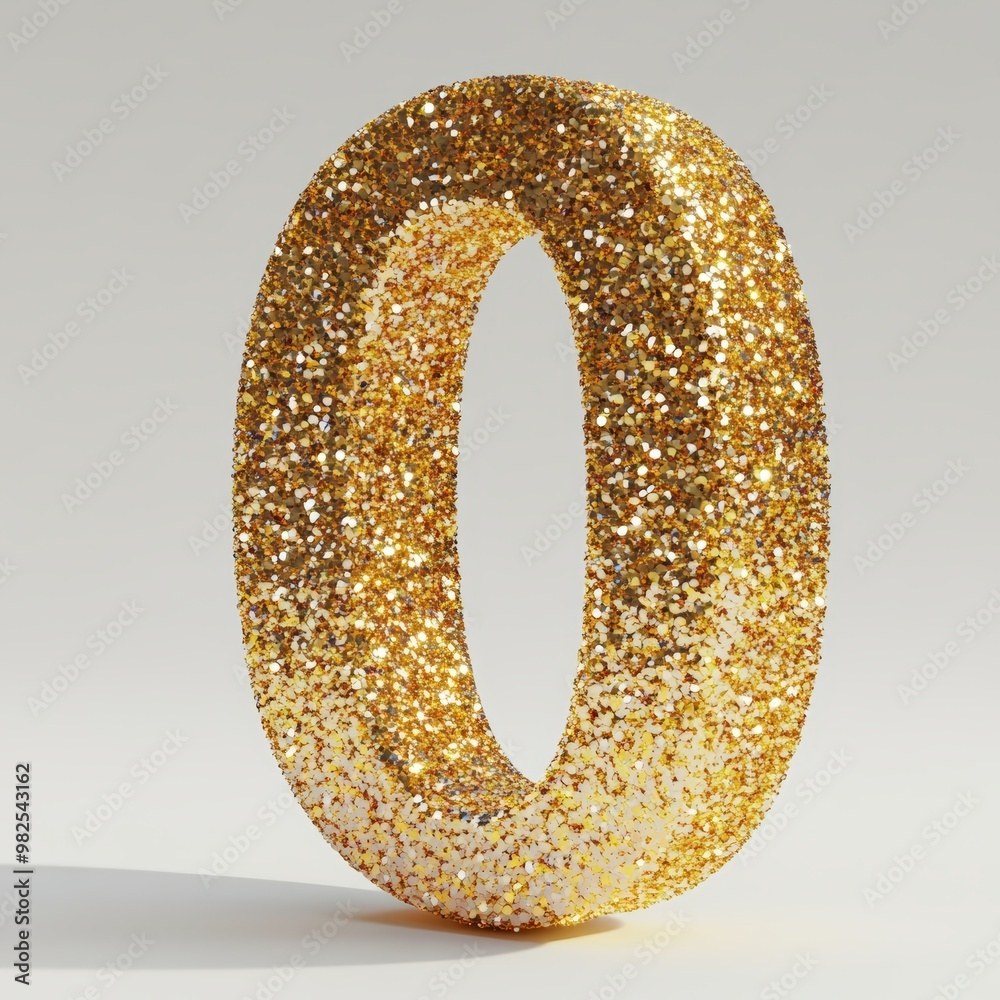 3D number 0 with glitter texture realistic modern design, soft lighting, white background.