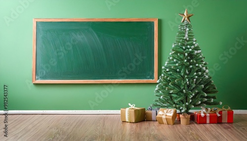  Christmas tree at school classroom next to chalkboard