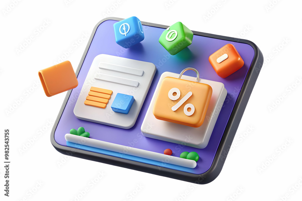 Flat Glossy Tablet with Holographic Retail & Coupon Icons: Ideal for E-commerce Promotions on Clean White Background - Simple Vector Illustration