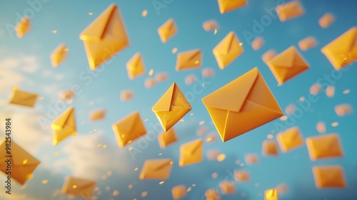 Floating Yellow Envelopes in a Blue Sky Background