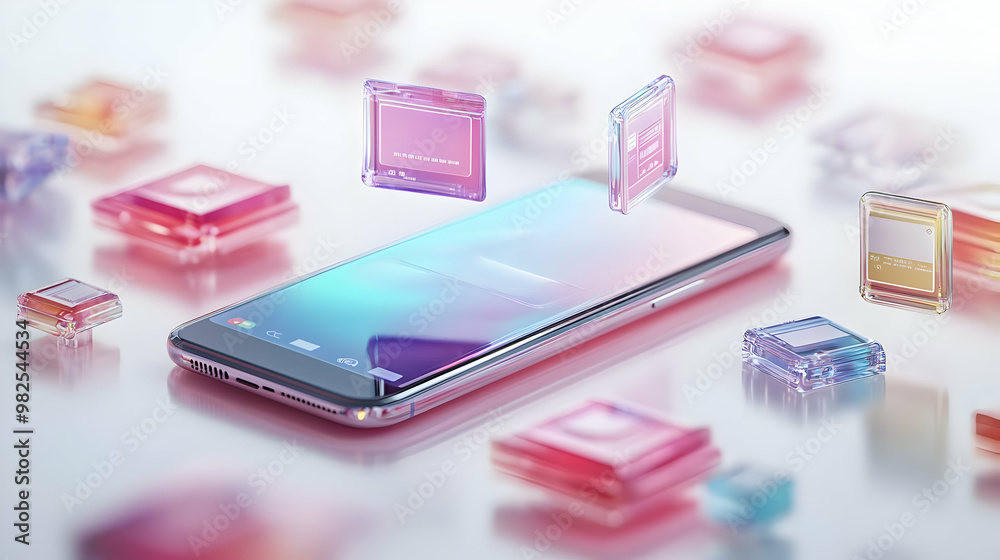 Futuristic 3D Holographic Smartphone with Floating App Icons and Blank Copy Space for Branding - Modern Tech Design on White Background Futuristic 3D Holographic Smartphone with Floating App Icons and Blank Copy Space for Branding - Modern Tech Design on White Background