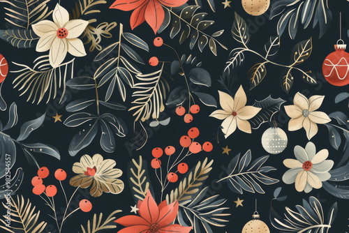 Christmas botanical ornaments and moody floral foliage on dark seamless background