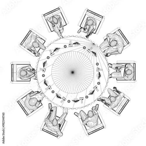 Outline of people sitting in restaurant on chairs at the round table from black lines isolated on white background. Restaurant interior. Top view. Vector illustration.