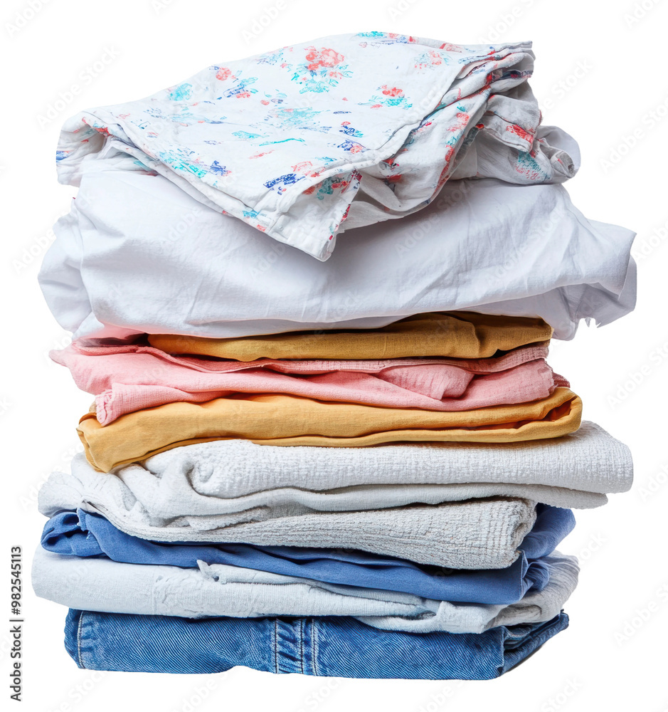 PNG Neatly stacked clean clothes in a bright setting PNG Neatly stacked clean clothes in a bright setting