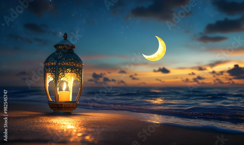 Traditional Candle light with Crescent moon shape on the beach, Ramadan