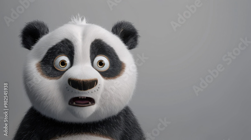 A surprised panda with wide, expressive eyes stands out against a minimalist backdrop, exuding a mix of cuteness and humor.