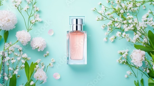 Floral fragrance. A perfume bottle with delicate floral accents, nestled among fresh flowers, highlighting the feminine and elegant scent.