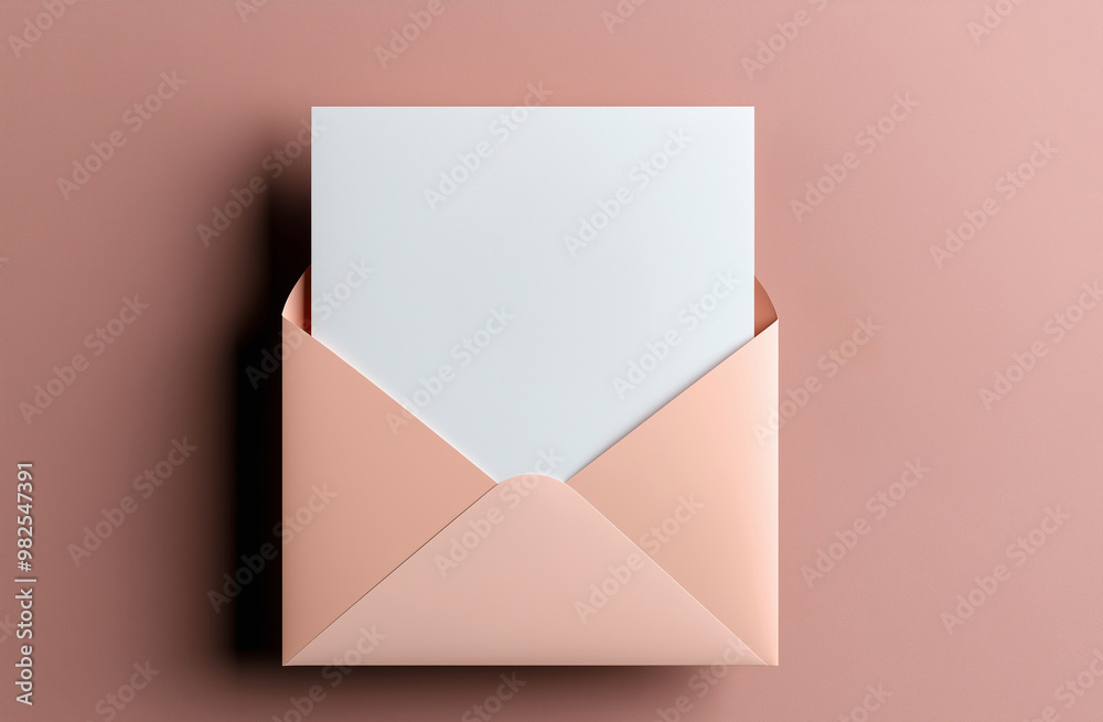 Open envelope with blank paper on pink background. Communication and correspondence concept. Image for greeting card and stationery branding. Flat lay view with copy space. Open envelope with blank paper on pink background. Communication and correspondence concept. Image for greeting card and stationery branding. Flat lay view with copy space.