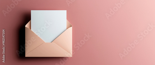 Open envelope with blank paper on pink background. Communication and correspondence concept. Image for greeting card and stationery branding. Flat lay view with copy space.