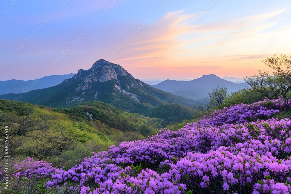 Hwangmaesan Mountain at sunrise with purple Azalea in full bloom, Hapcheon, South Korea Hwangmaesan Mountain at sunrise with purple Azalea in full bloom, Hapcheon, South Korea