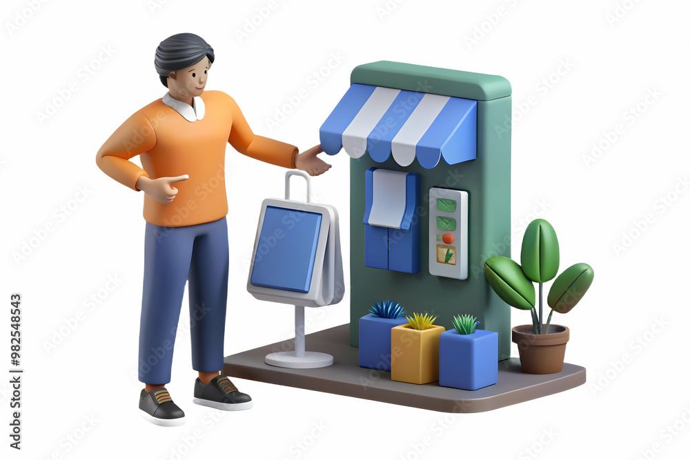 3D Candid Shopper Interacting with Digital Kiosk in Retail - Innovative Customer Experience Using Coupon Code for Marketing Content 3D Candid Shopper Interacting with Digital Kiosk in Retail - Innovative Customer Experience Using Coupon Code for Marketing Content