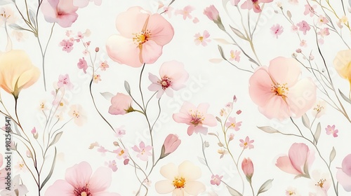 Delicate watercolor wildflowers in pastel pinks and light yellows, seamless floral pattern with subtle elegance photo