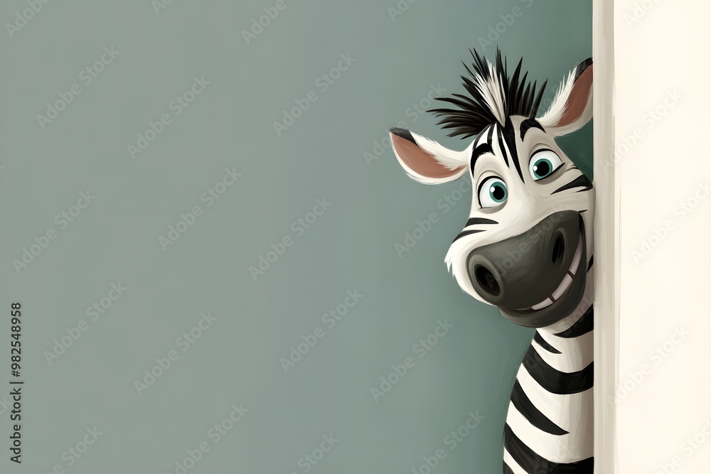 Fototapeta premium Smiling Cartoon Zebra Peeking Around Corner , Fun, Whimsical Animal Character Illustration.