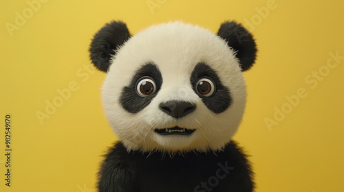 A surprised panda with wide, expressive eyes stands out against a minimalist backdrop, exuding a mix of cuteness and humor.