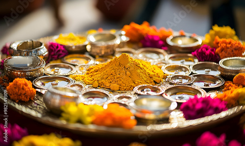 Beautifully Decorated Pooja Thali for diwali celebration to worship photo