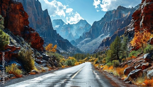 A scenic road stretches through a majestic mountain valley, with towering cliffs and vibrant autumn trees. The wet pavement reflects the dramatic landscape and cloudy sky. photo