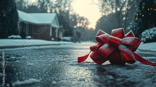 Lazo Rojo Grande sobre Nieve Recién Caída en la Entrada de una Casa Suburbana: Toma Cinemática photo