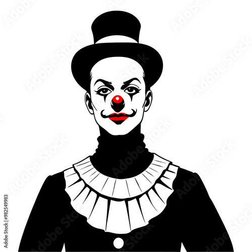 circus clown wearing a hat and red nose. old school joker or clown portrait. french mime. black and white illustration. 