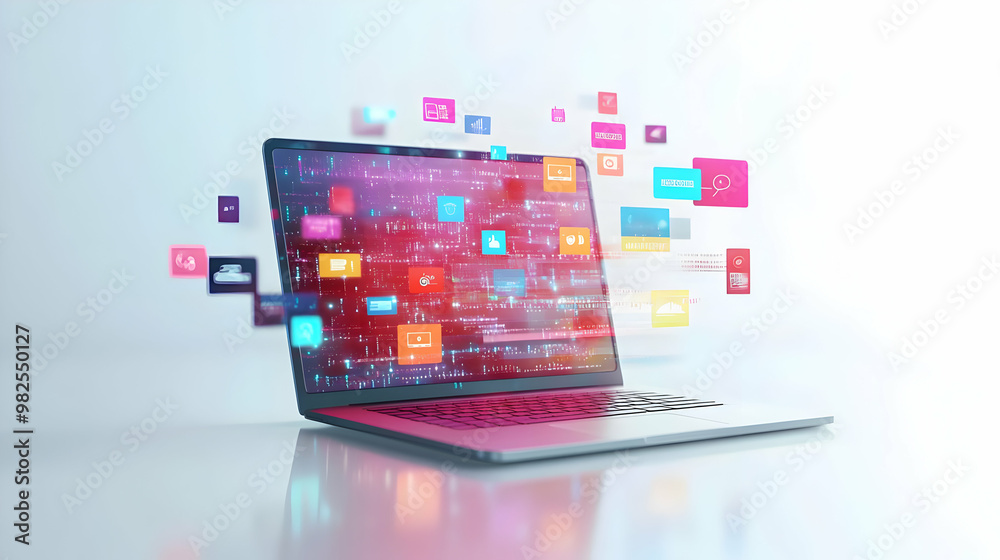 3D Glossy Laptop on White Surface with Floating Holographic Retail and Coupon Icons - Ideal for E-commerce Promotions and Advertising 3D Glossy Laptop on White Surface with Floating Holographic Retail and Coupon Icons - Ideal for E-commerce Promotions and Advertising