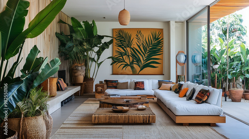 Bright, open interior design with tropical wood, bold prints, and large indoor plants, blending modern design with Brazilian flair.