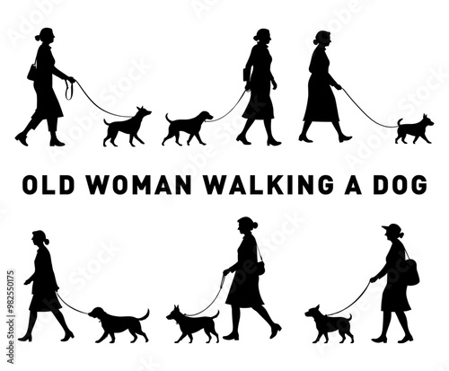 set of old person walking dog. people with dog walking. old man woman pet owners, running dog silhouette. vector illustration on white background.